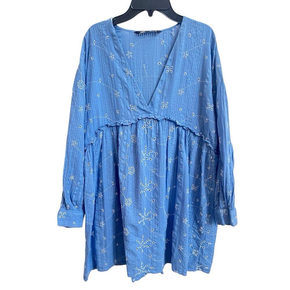 Zara Blue Eyelet Plunge V Neck Babydoll Mini Dress Boho Oversized Embroidered XS